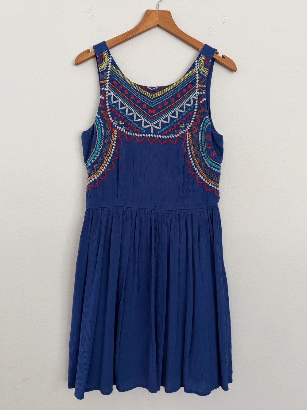 Xhilaration Royal Blue Embroidered Boho Gauze Mini Dress, Size Medium